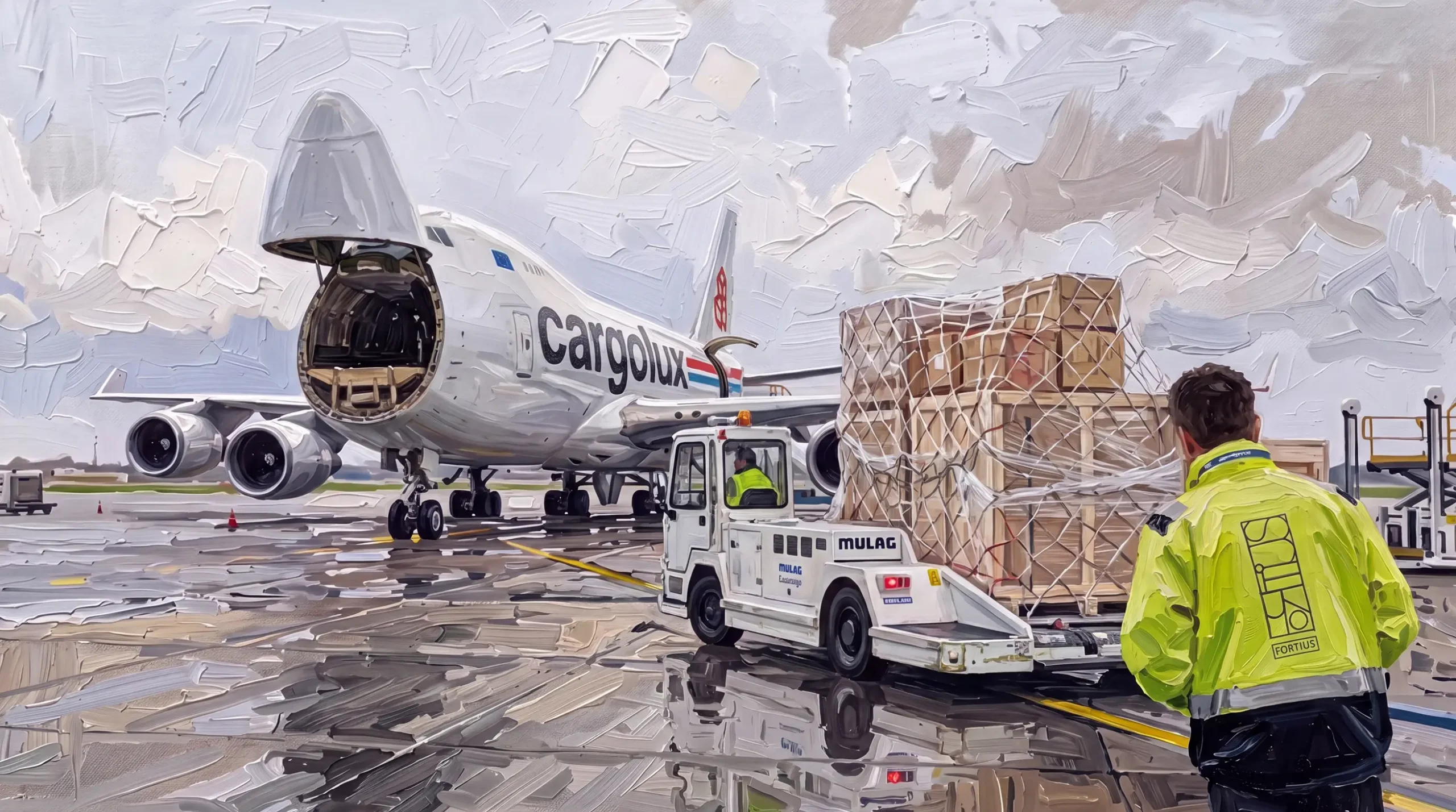 Artwork crates brought to a Cargolux freighter at Luxembourg Airport